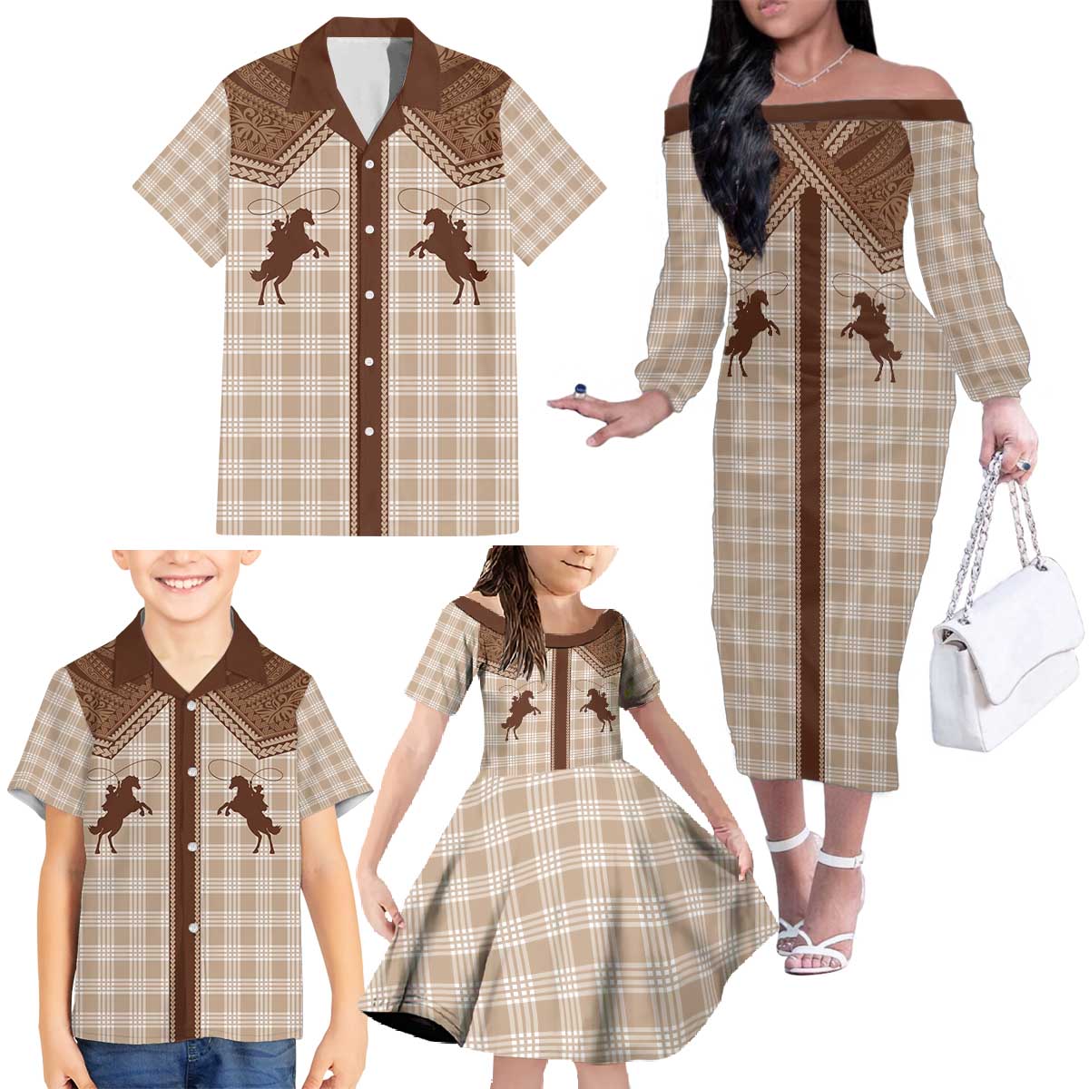 Aloha Hawaii Cowboys Paniolo Family Matching Off The Shoulder Long Sleeve Dress and Hawaiian Shirt Beige Palaka - Polynesian Pride