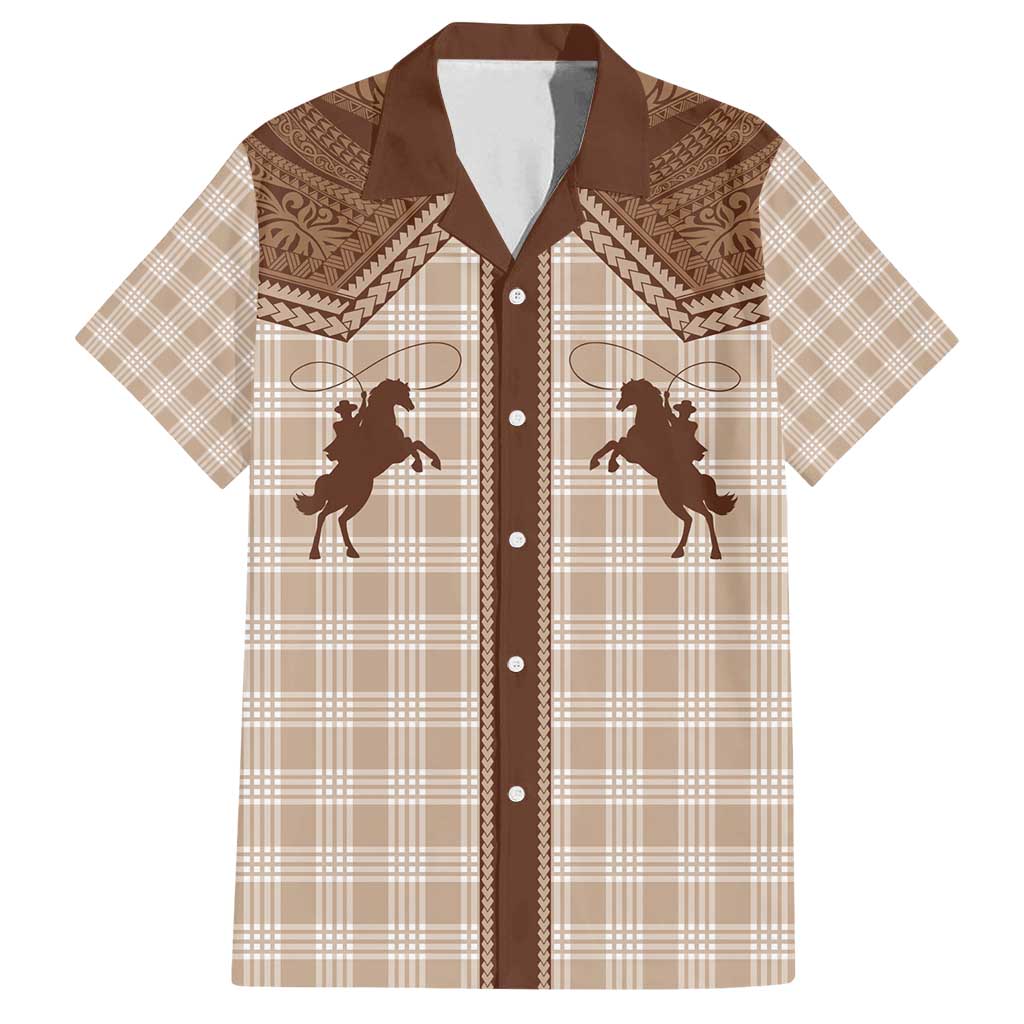 Aloha Hawaii Cowboys Paniolo Family Matching Off Shoulder Short Dress and Hawaiian Shirt Beige Palaka - Polynesian Pride