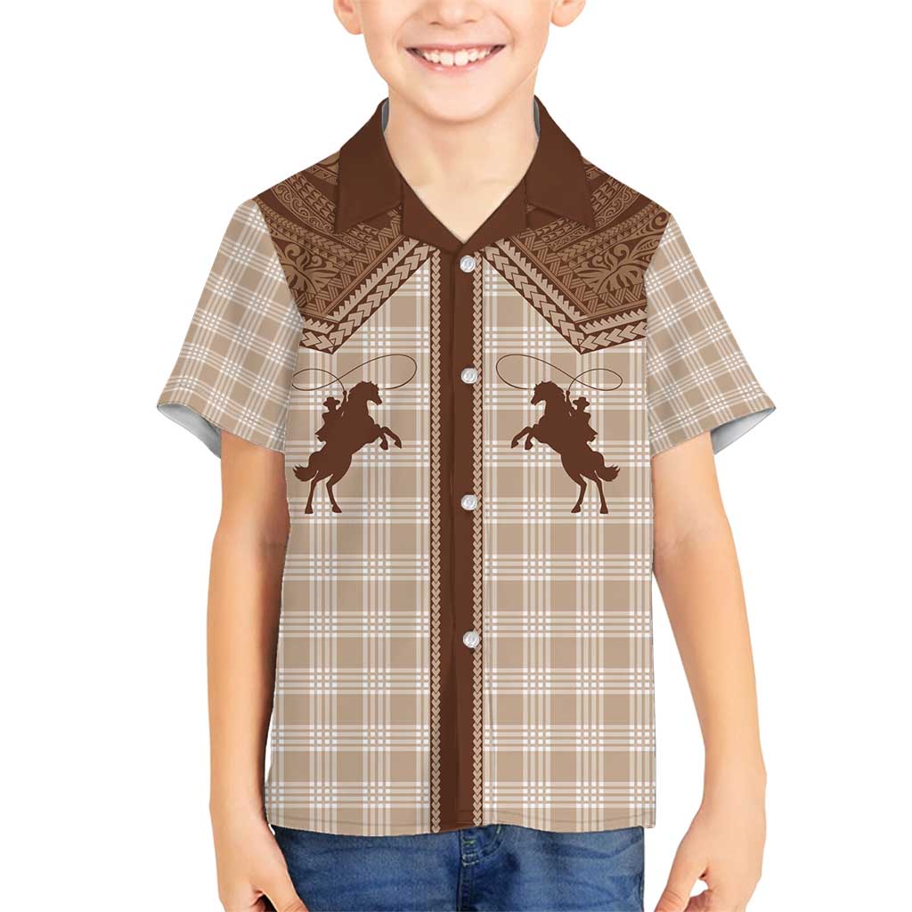 Aloha Hawaii Cowboys Paniolo Family Matching Off Shoulder Short Dress and Hawaiian Shirt Beige Palaka - Polynesian Pride