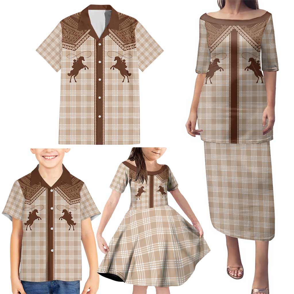 Aloha Hawaii Cowboys Paniolo Family Matching Puletasi and Hawaiian Shirt Beige Palaka - Polynesian Pride