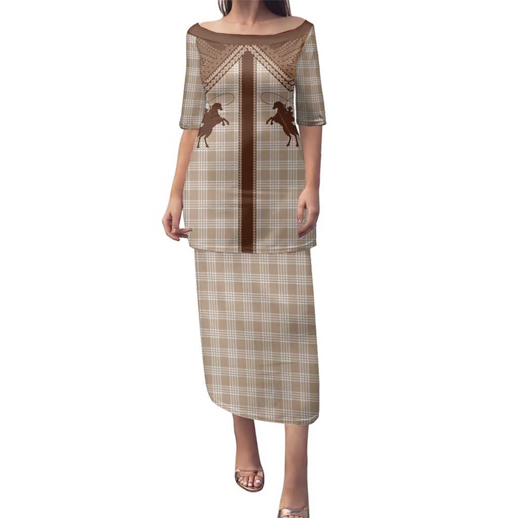 Aloha Hawaii Cowboys Paniolo Family Matching Puletasi and Hawaiian Shirt Beige Palaka - Polynesian Pride