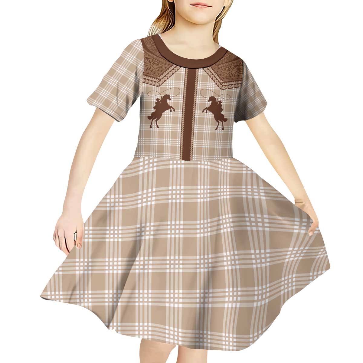 Aloha Hawaii Cowboys Paniolo Kid Short Sleeve Dress Beige Palaka - Polynesian Pride