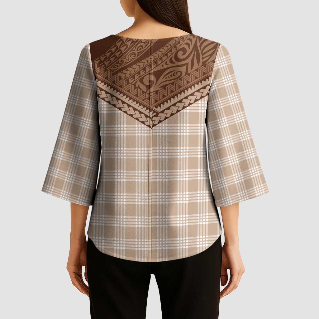 Aloha Hawaii Cowboys Paniolo Kimono Sleeve Blouse Beige Palaka - Polynesian Pride