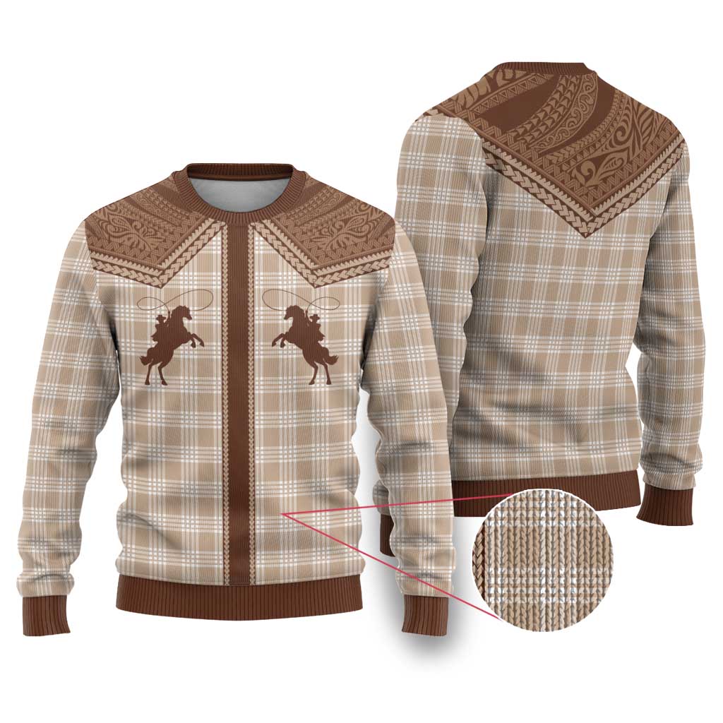 Aloha Hawaii Cowboys Paniolo Ugly Christmas Sweater Beige Palaka - Polynesian Pride