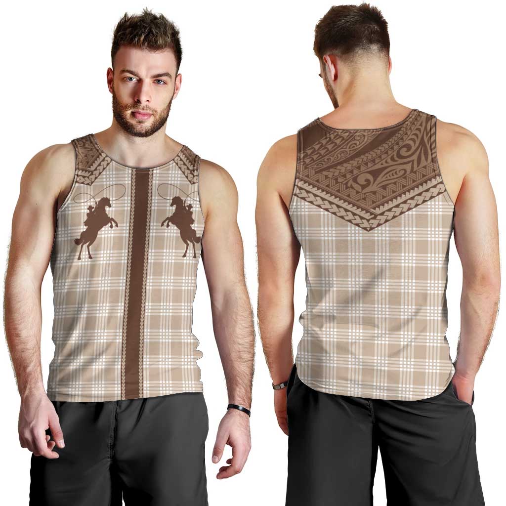 Aloha Hawaii Cowboys Paniolo Men Tank Top Beige Palaka - Polynesian Pride