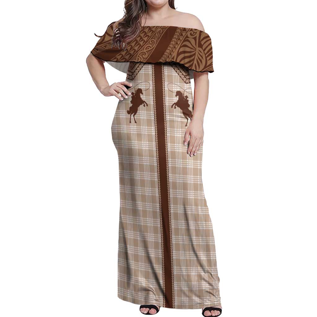 Aloha Hawaii Cowboys Paniolo Off Shoulder Maxi Dress Beige Palaka - Polynesian Pride