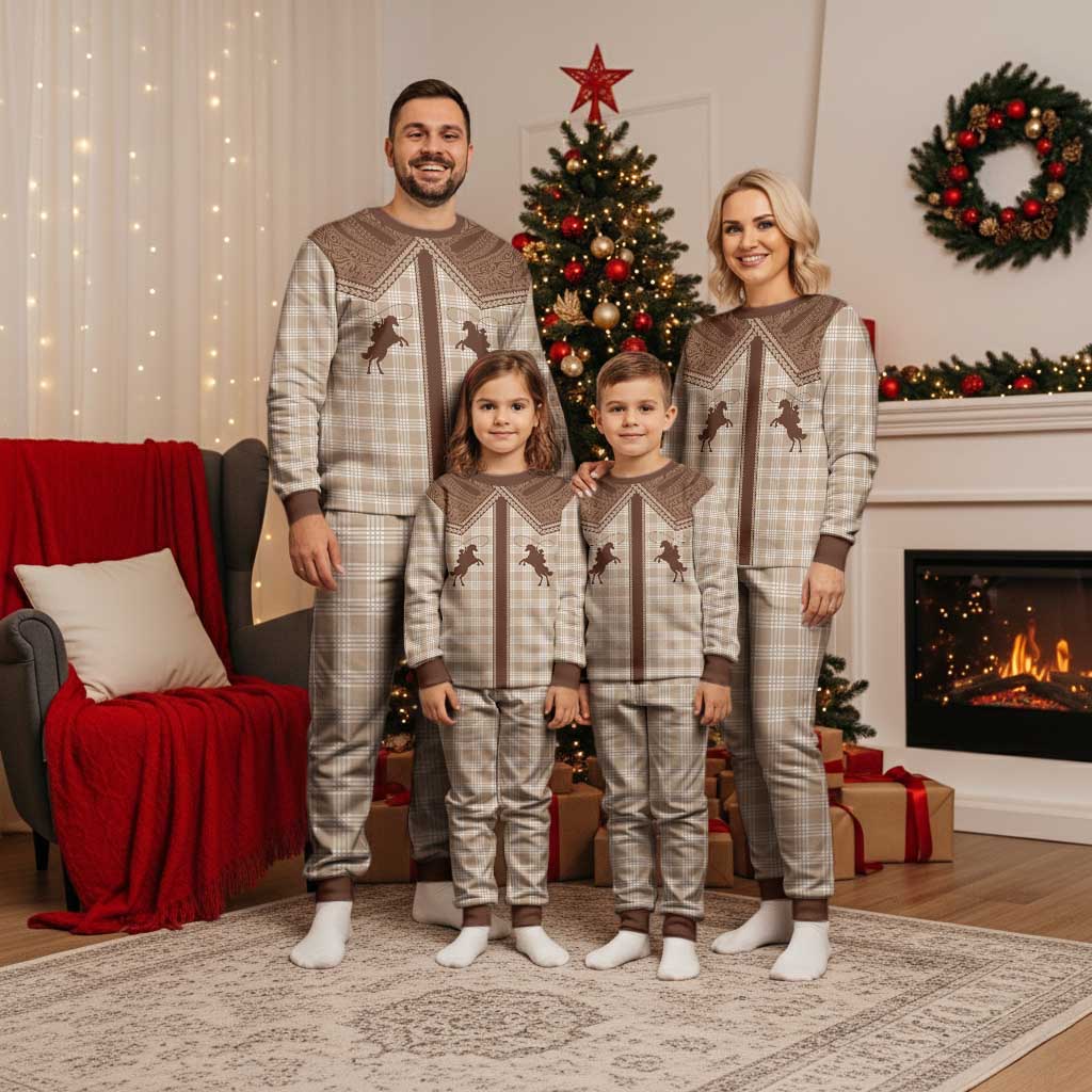 Aloha Hawaii Cowboys Paniolo Christmas Pajama Set Beige Palaka - Polynesian Pride
