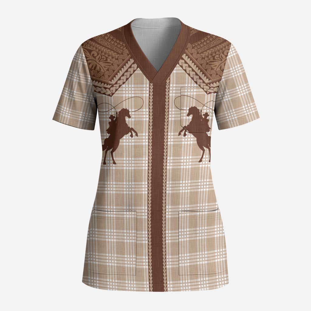 Aloha Hawaii Cowboys Paniolo Scrub Top Beige Palaka - Polynesian Pride