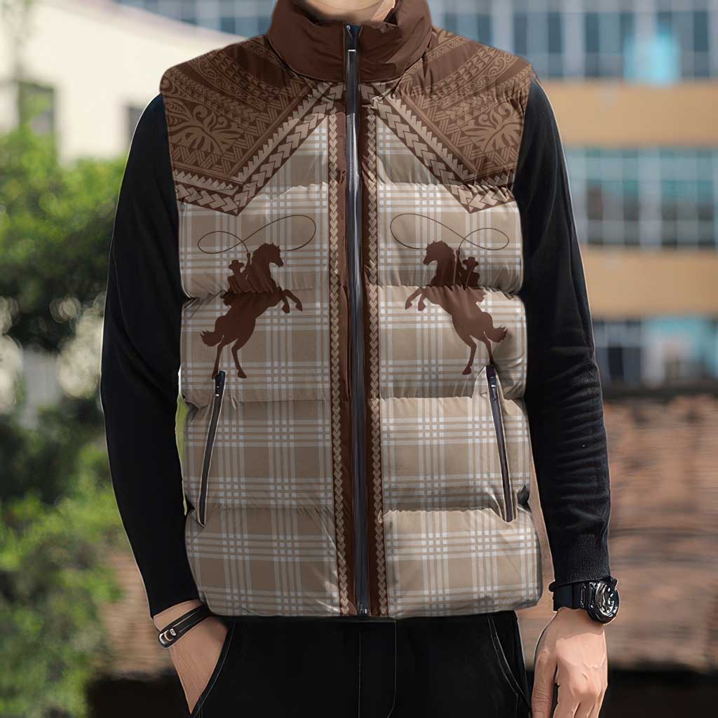 Aloha Hawaii Cowboys Paniolo Sleeveless Puffer Jacket Beige Palaka - Polynesian Pride