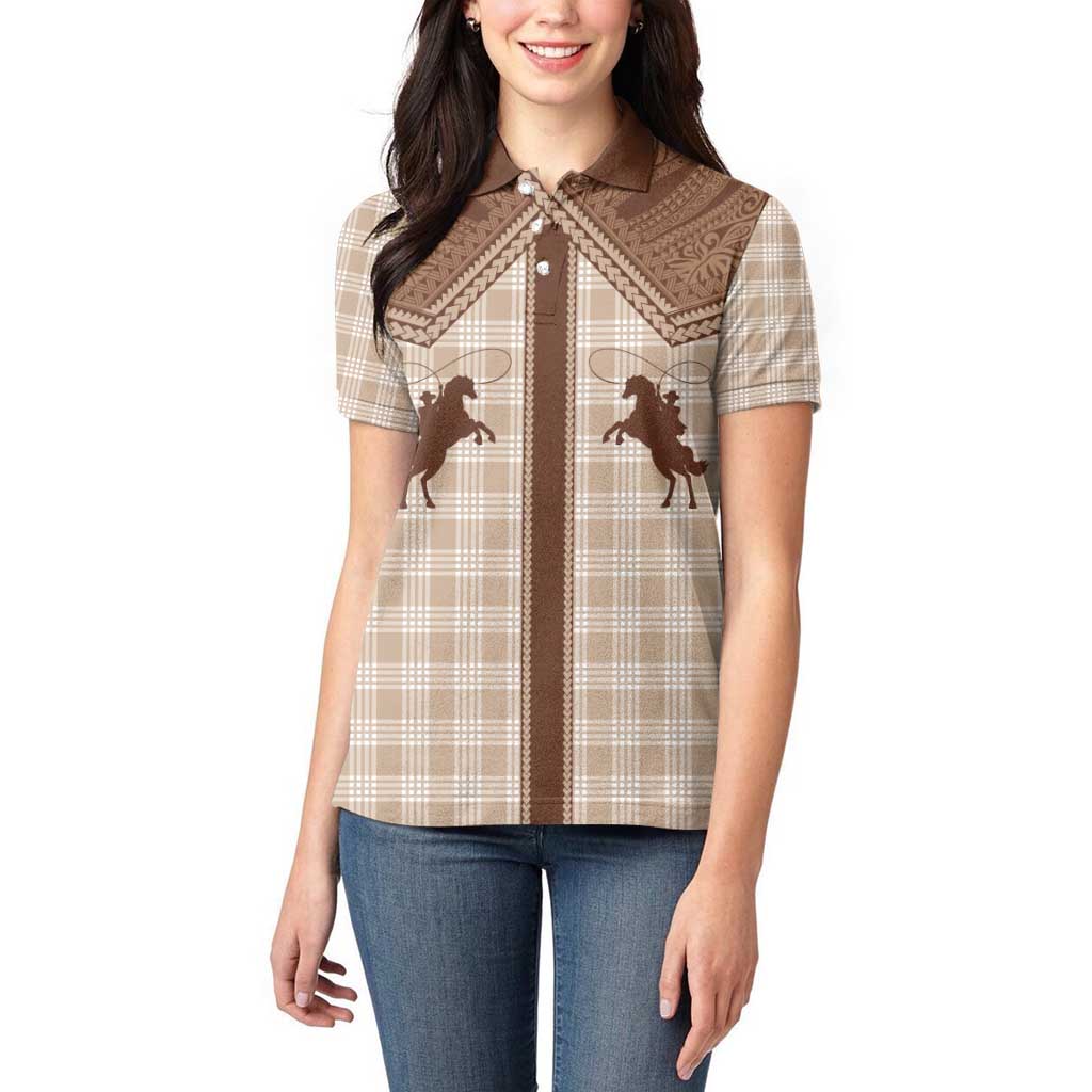 Aloha Hawaii Cowboys Paniolo Women Polo Shirt Beige Palaka - Polynesian Pride