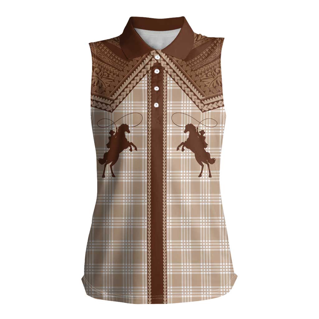 Aloha Hawaii Cowboys Paniolo Women Sleeveless Polo Shirt Beige Palaka - Polynesian Pride