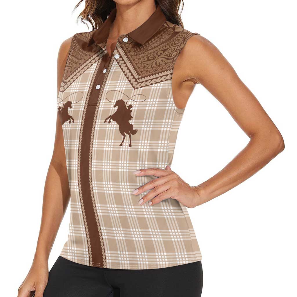 Aloha Hawaii Cowboys Paniolo Women Sleeveless Polo Shirt Beige Palaka - Polynesian Pride