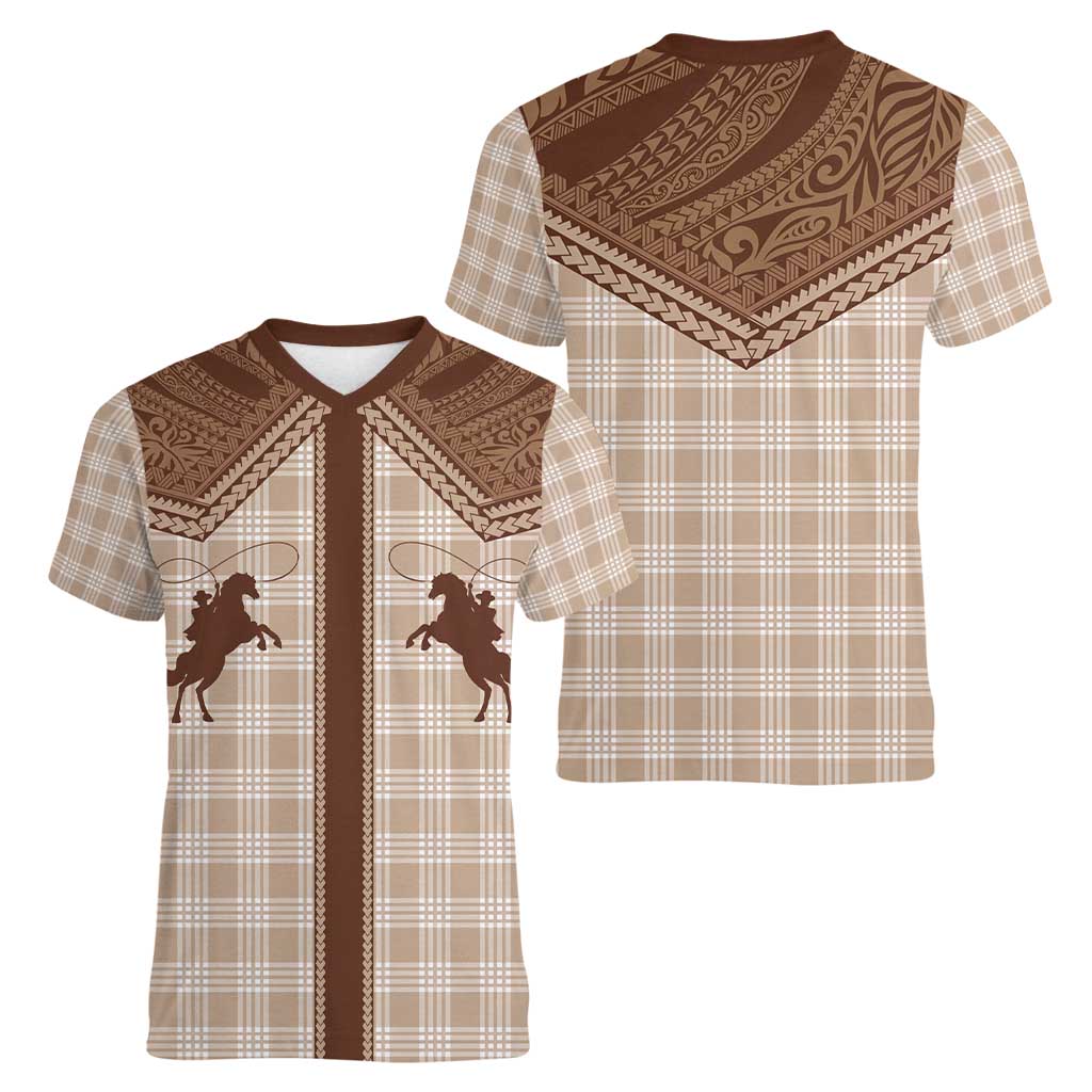 Aloha Hawaii Cowboys Paniolo Women V-Neck T-Shirt Beige Palaka - Polynesian Pride