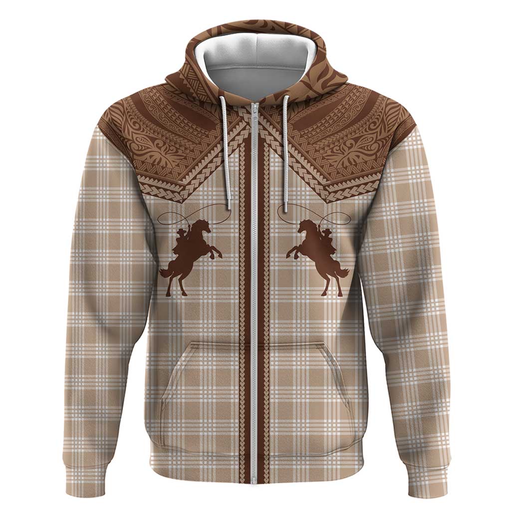 Aloha Hawaii Cowboys Paniolo Zip Hoodie Beige Palaka - Polynesian Pride