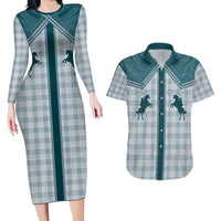 Aloha Hawaii Cowboys Paniolo Couples Matching Long Sleeve Bodycon Dress and Hawaiian Shirt Teal Palaka - Polynesian Pride