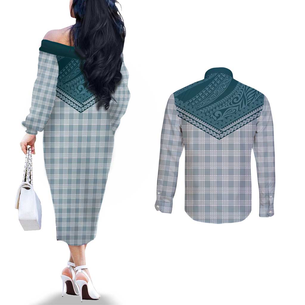 Aloha Hawaii Cowboys Paniolo Couples Matching Off The Shoulder Long Sleeve Dress and Long Sleeve Button Shirt Teal Palaka - Polynesian Pride