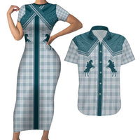 Aloha Hawaii Cowboys Paniolo Couples Matching Short Sleeve Bodycon Dress and Hawaiian Shirt Teal Palaka - Polynesian Pride