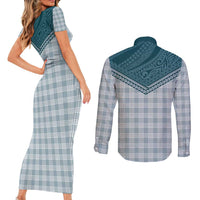 Aloha Hawaii Cowboys Paniolo Couples Matching Short Sleeve Bodycon Dress and Long Sleeve Button Shirt Teal Palaka - Polynesian Pride