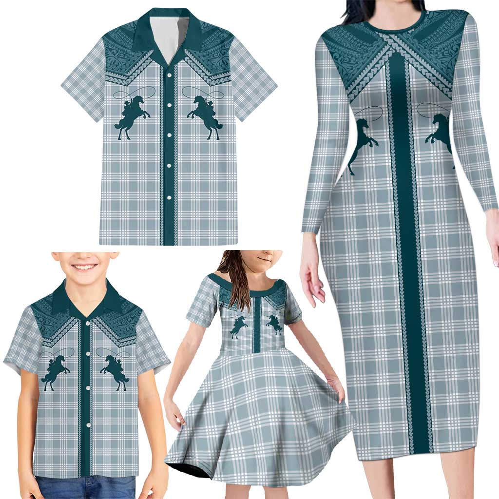 Aloha Hawaii Cowboys Paniolo Family Matching Long Sleeve Bodycon Dress and Hawaiian Shirt Teal Palaka - Polynesian Pride