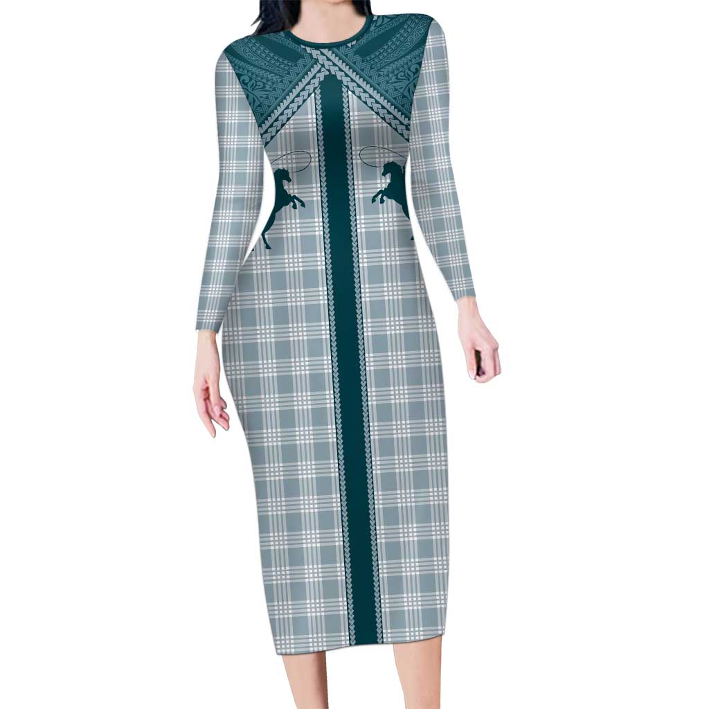 Aloha Hawaii Cowboys Paniolo Family Matching Long Sleeve Bodycon Dress and Hawaiian Shirt Teal Palaka - Polynesian Pride