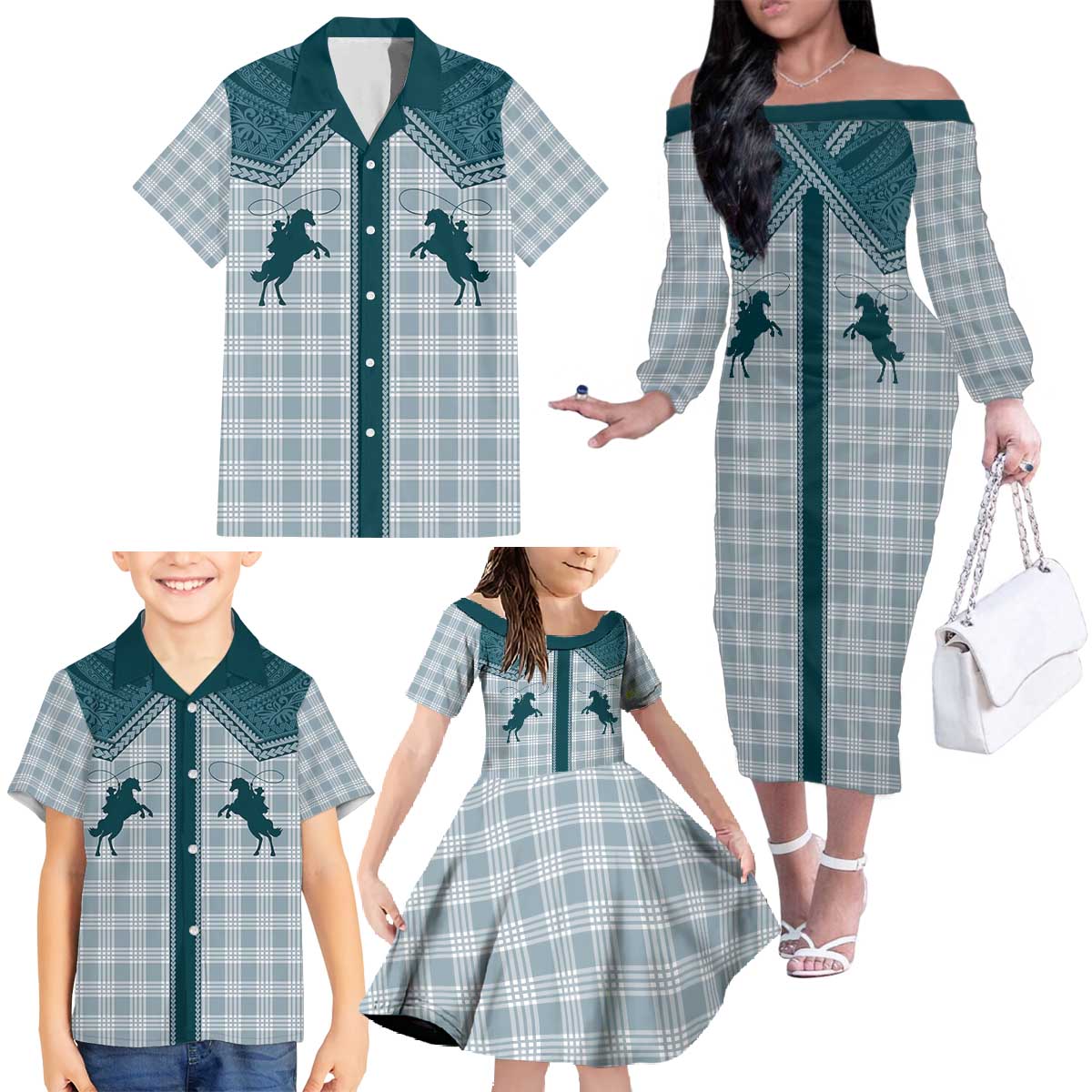 Aloha Hawaii Cowboys Paniolo Family Matching Off The Shoulder Long Sleeve Dress and Hawaiian Shirt Teal Palaka - Polynesian Pride