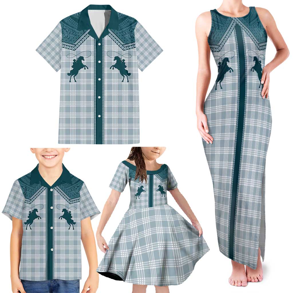 Aloha Hawaii Cowboys Paniolo Family Matching Tank Maxi Dress and Hawaiian Shirt Teal Palaka - Polynesian Pride