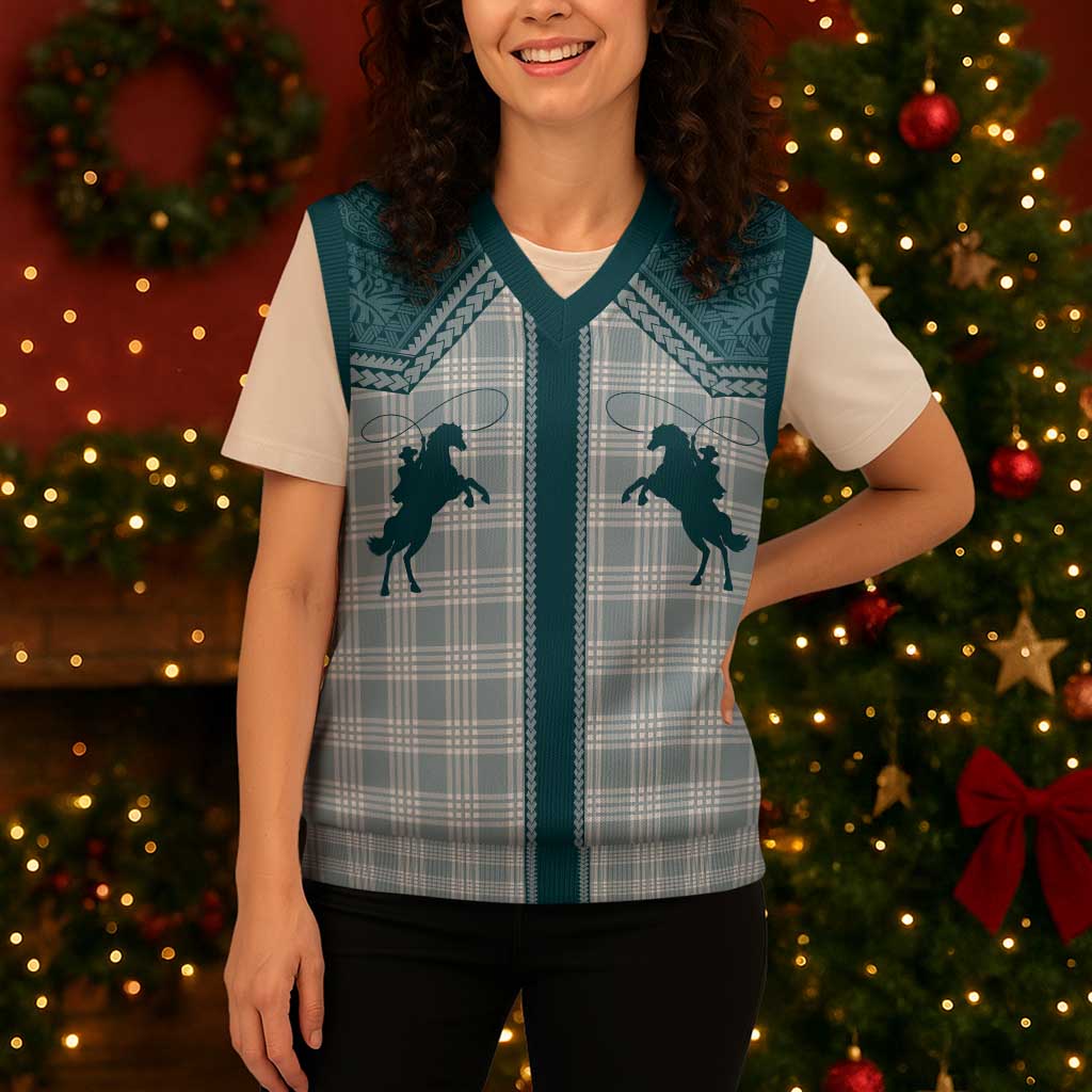 Aloha Hawaii Cowboys Paniolo Christmas Knitted V-Neck Vest Teal Palaka - Polynesian Pride