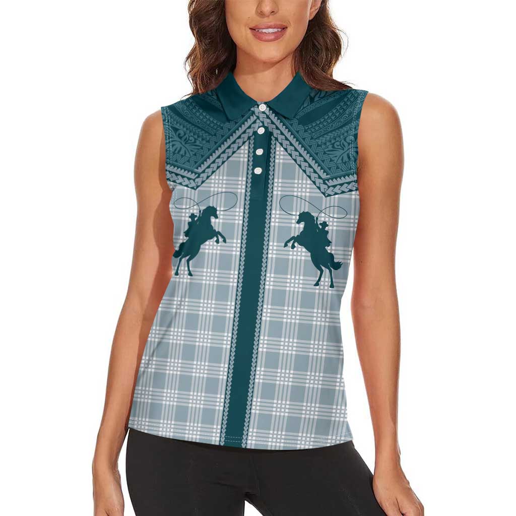 Aloha Hawaii Cowboys Paniolo Women Sleeveless Polo Shirt Teal Palaka - Polynesian Pride