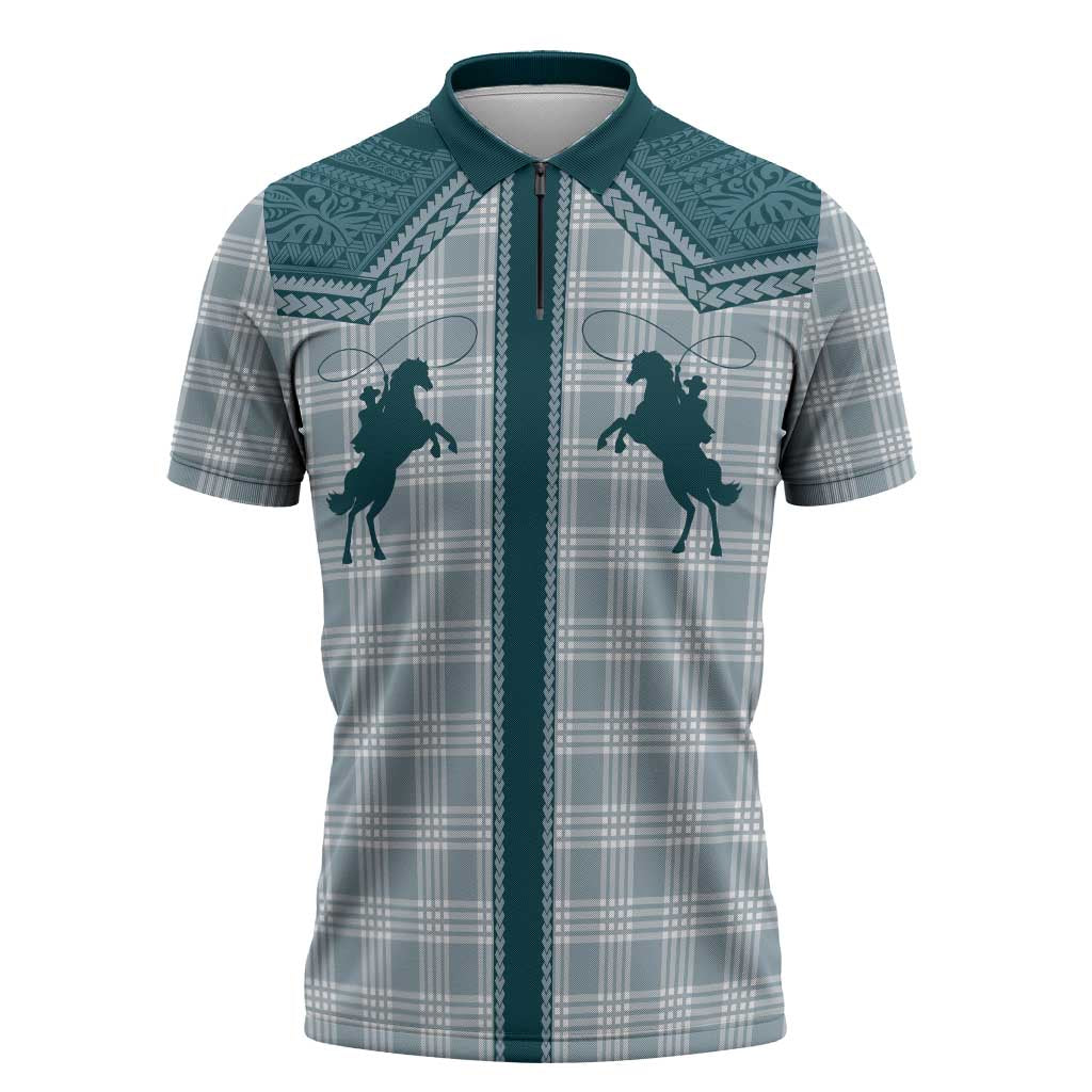 Aloha Hawaii Cowboys Paniolo Zipper Polo Shirt Teal Palaka - Polynesian Pride