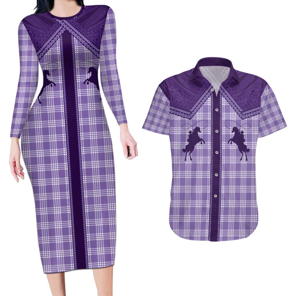 Aloha Hawaii Cowboys Paniolo Couples Matching Long Sleeve Bodycon Dress and Hawaiian Shirt Violet Palaka - Polynesian Pride