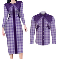 Aloha Hawaii Cowboys Paniolo Couples Matching Long Sleeve Bodycon Dress and Long Sleeve Button Shirt Violet Palaka - Polynesian Pride