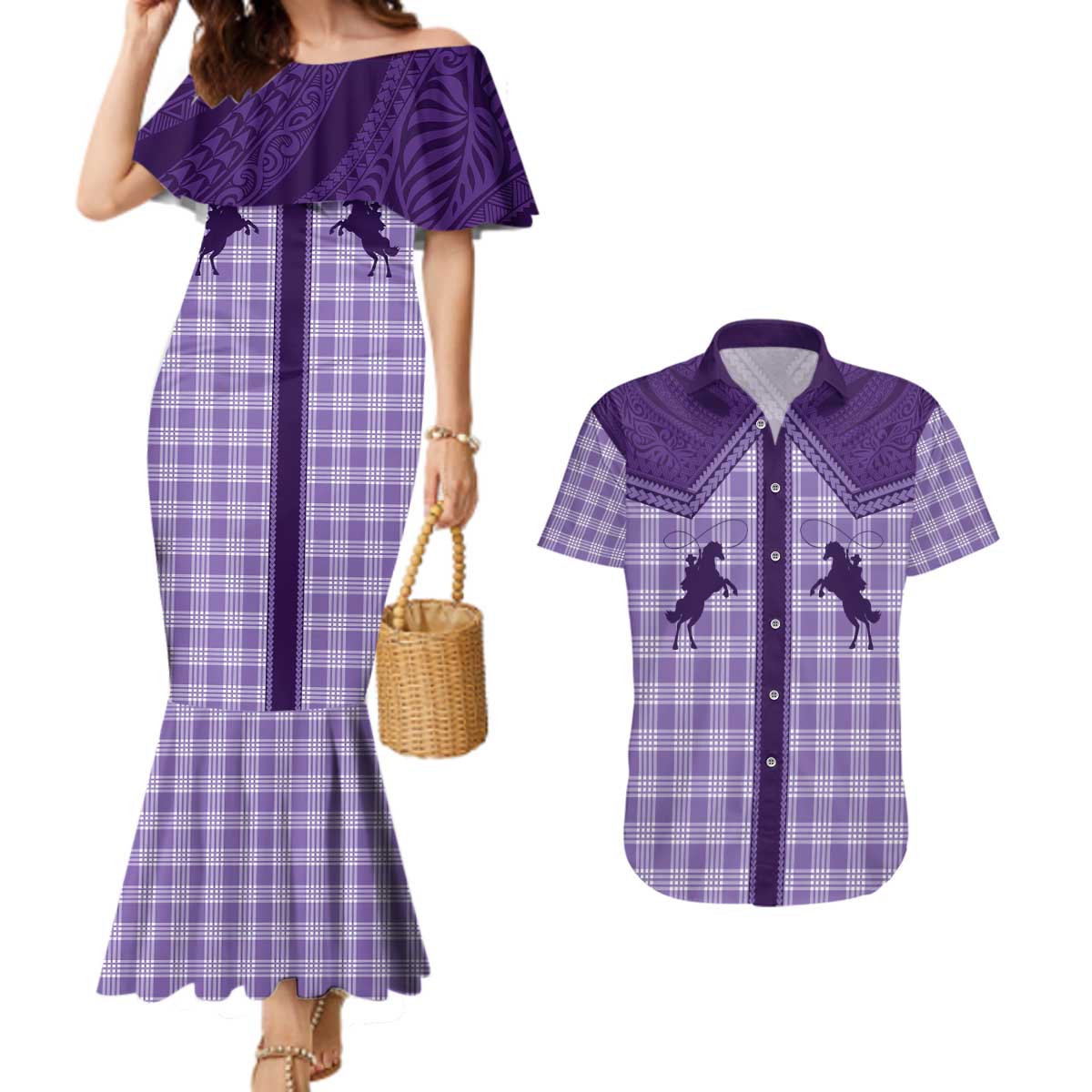 Aloha Hawaii Cowboys Paniolo Couples Matching Mermaid Dress and Hawaiian Shirt Violet Palaka - Polynesian Pride