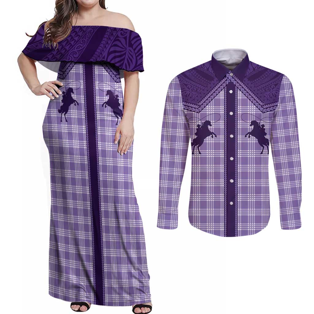 Aloha Hawaii Cowboys Paniolo Couples Matching Off Shoulder Maxi Dress and Long Sleeve Button Shirt Violet Palaka - Polynesian Pride