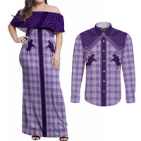 Aloha Hawaii Cowboys Paniolo Couples Matching Off Shoulder Maxi Dress and Long Sleeve Button Shirt Violet Palaka - Polynesian Pride