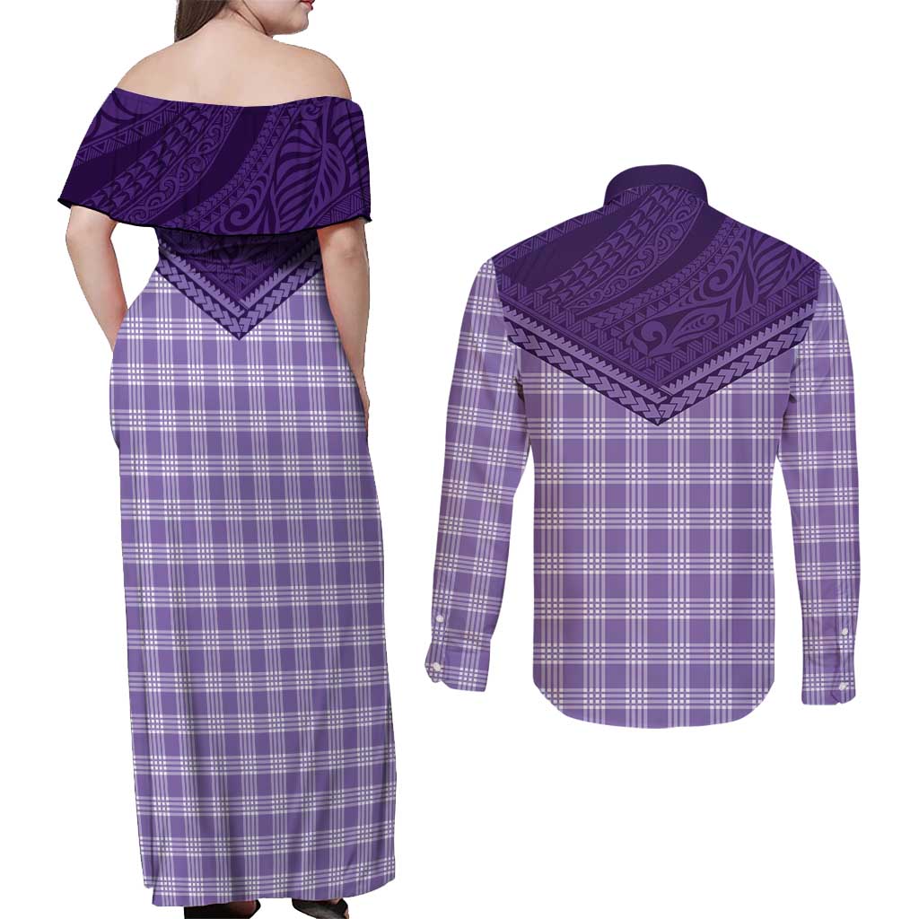 Aloha Hawaii Cowboys Paniolo Couples Matching Off Shoulder Maxi Dress and Long Sleeve Button Shirt Violet Palaka - Polynesian Pride