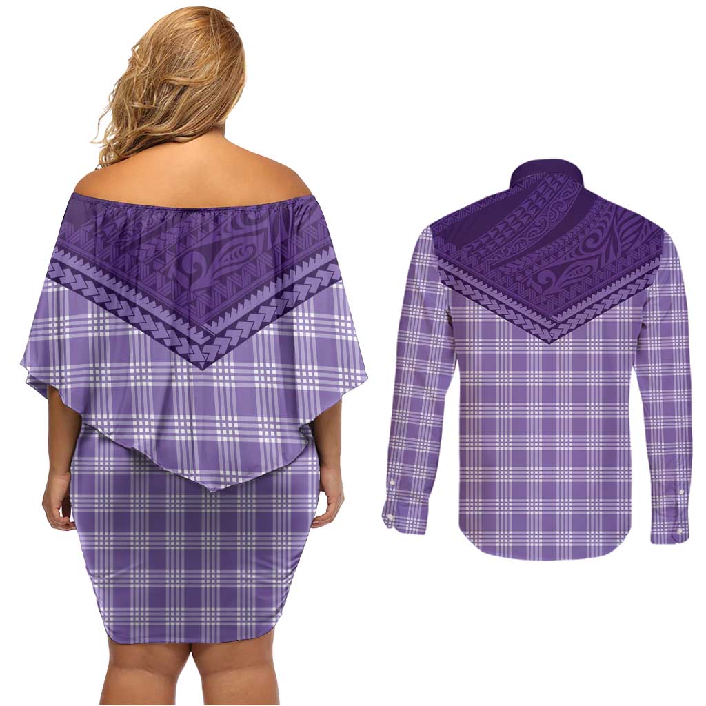 Aloha Hawaii Cowboys Paniolo Couples Matching Off Shoulder Short Dress and Long Sleeve Button Shirt Violet Palaka - Polynesian Pride