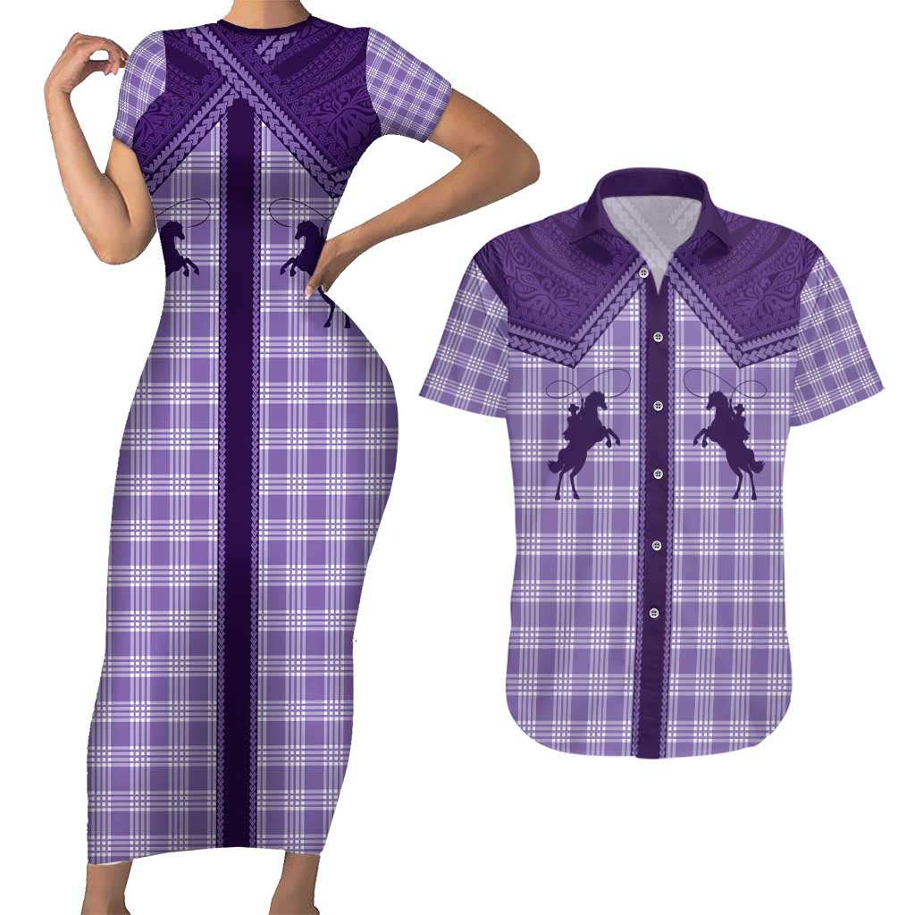 Aloha Hawaii Cowboys Paniolo Couples Matching Short Sleeve Bodycon Dress and Hawaiian Shirt Violet Palaka - Polynesian Pride