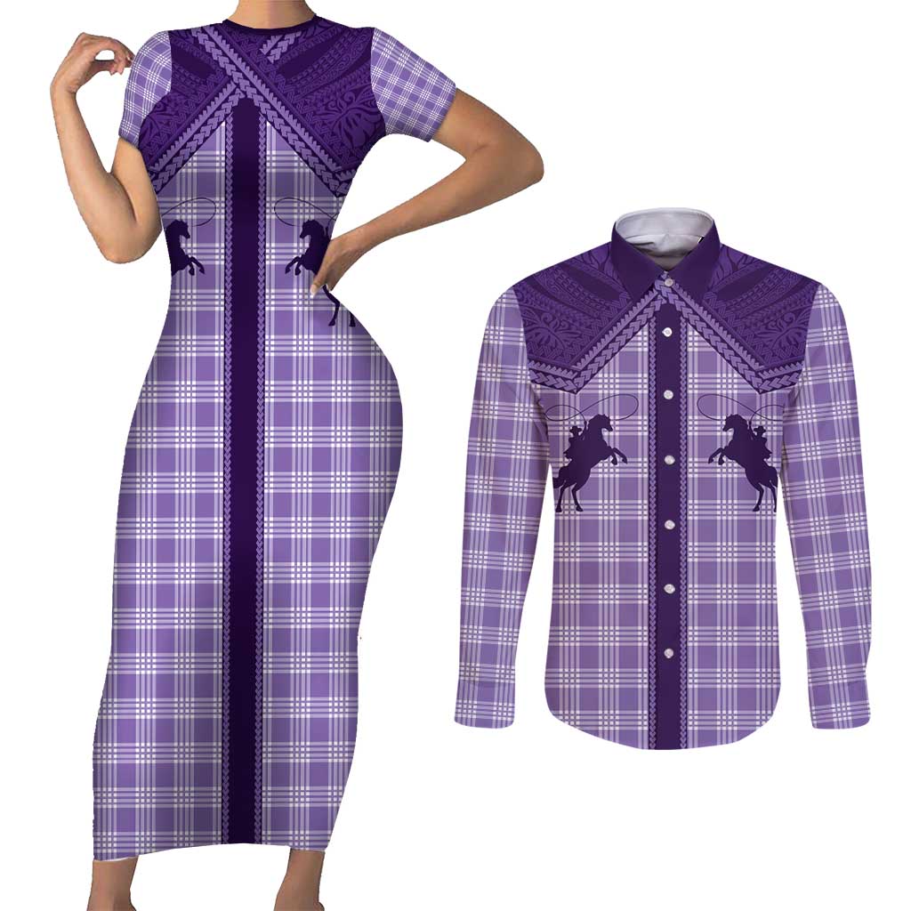 Aloha Hawaii Cowboys Paniolo Couples Matching Short Sleeve Bodycon Dress and Long Sleeve Button Shirt Violet Palaka - Polynesian Pride