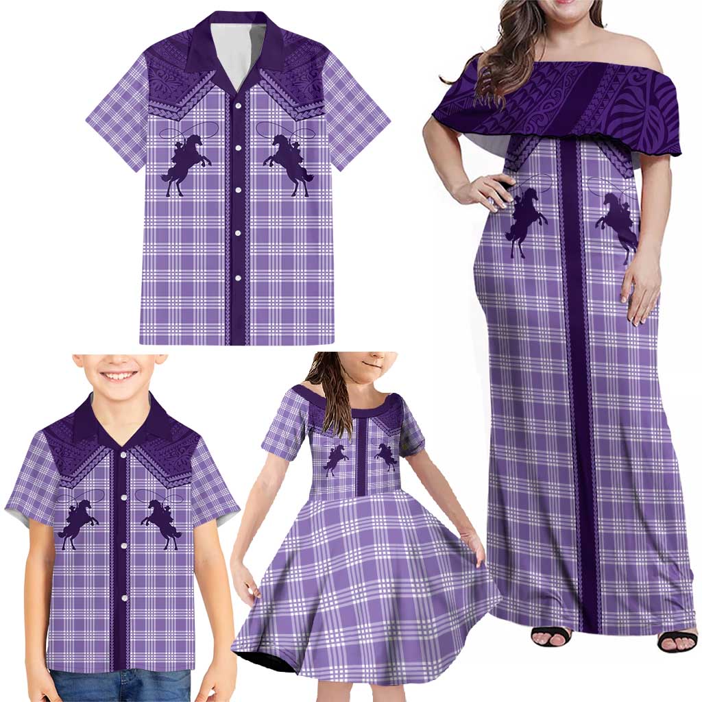 Aloha Hawaii Cowboys Paniolo Family Matching Off Shoulder Maxi Dress and Hawaiian Shirt Violet Palaka - Polynesian Pride