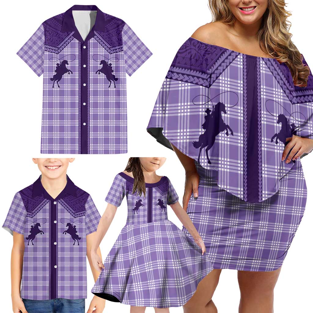 Aloha Hawaii Cowboys Paniolo Family Matching Off Shoulder Short Dress and Hawaiian Shirt Violet Palaka - Polynesian Pride