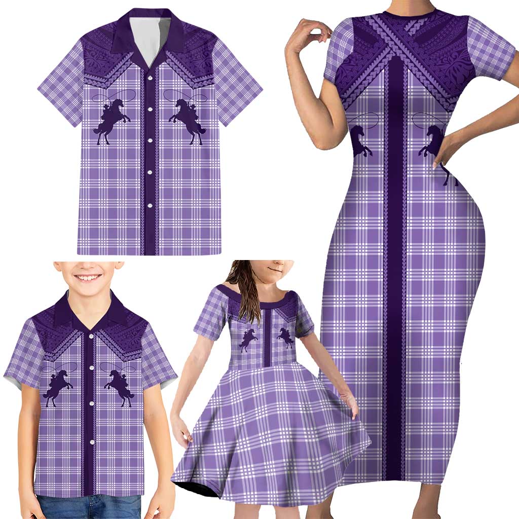 Aloha Hawaii Cowboys Paniolo Family Matching Short Sleeve Bodycon Dress and Hawaiian Shirt Violet Palaka - Polynesian Pride