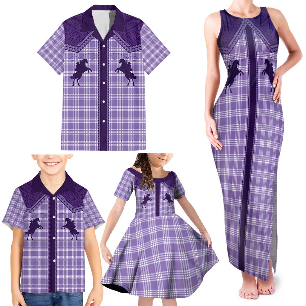 Aloha Hawaii Cowboys Paniolo Family Matching Tank Maxi Dress and Hawaiian Shirt Violet Palaka - Polynesian Pride