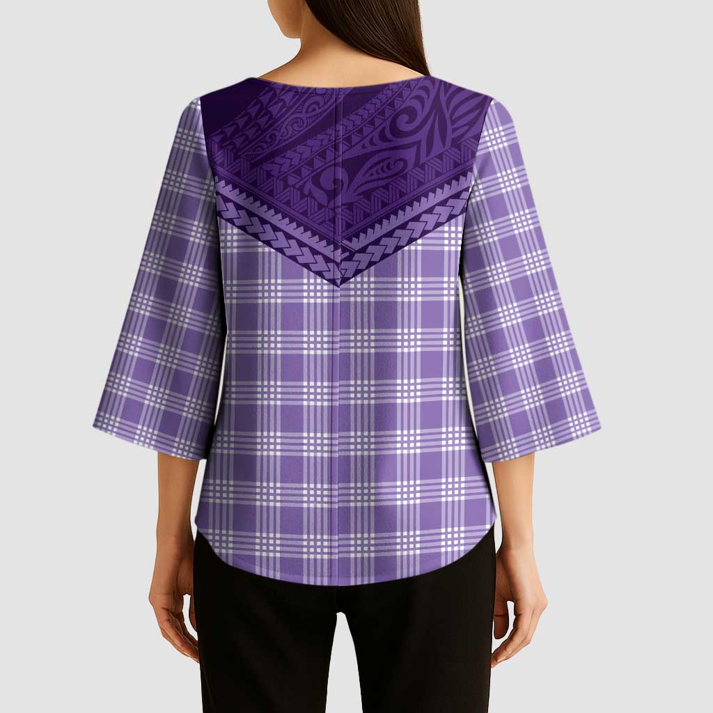 Aloha Hawaii Cowboys Paniolo Kimono Sleeve Blouse Violet Palaka - Polynesian Pride