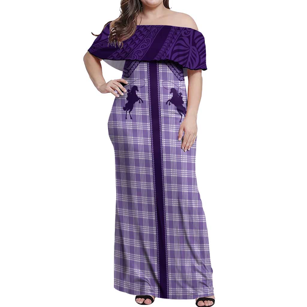 Aloha Hawaii Cowboys Paniolo Off Shoulder Maxi Dress Violet Palaka - Polynesian Pride