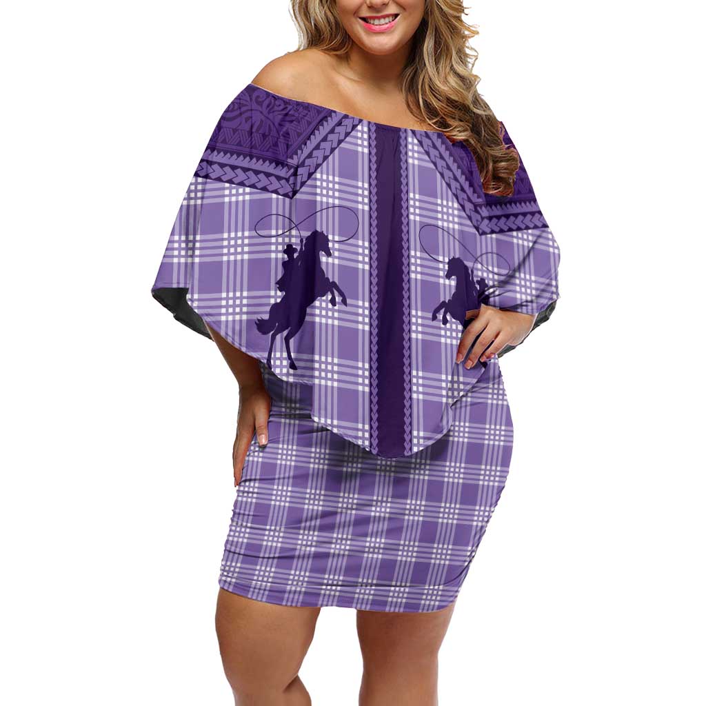 Aloha Hawaii Cowboys Paniolo Off Shoulder Short Dress Violet Palaka - Polynesian Pride