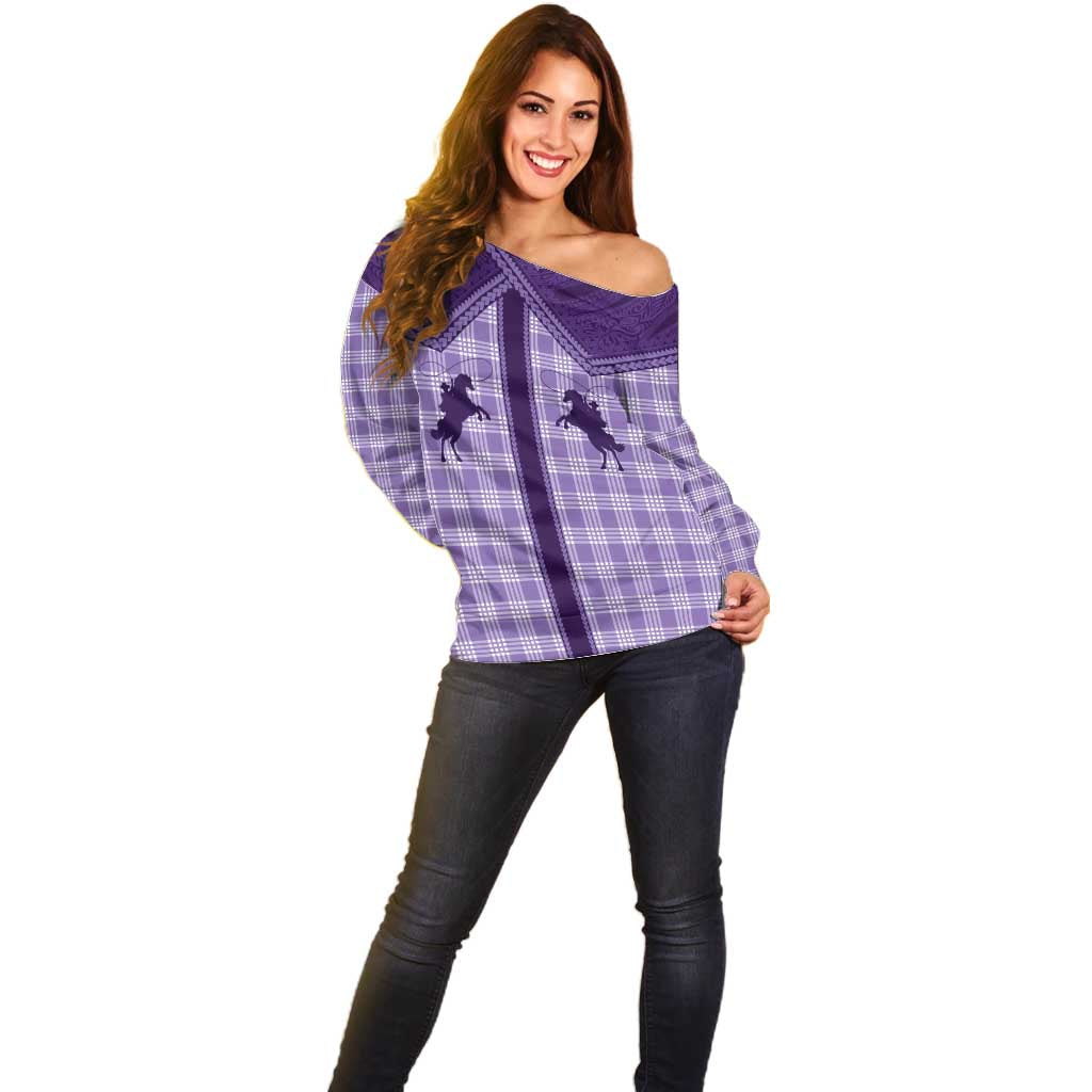 Aloha Hawaii Cowboys Paniolo Off Shoulder Sweater Violet Palaka - Polynesian Pride