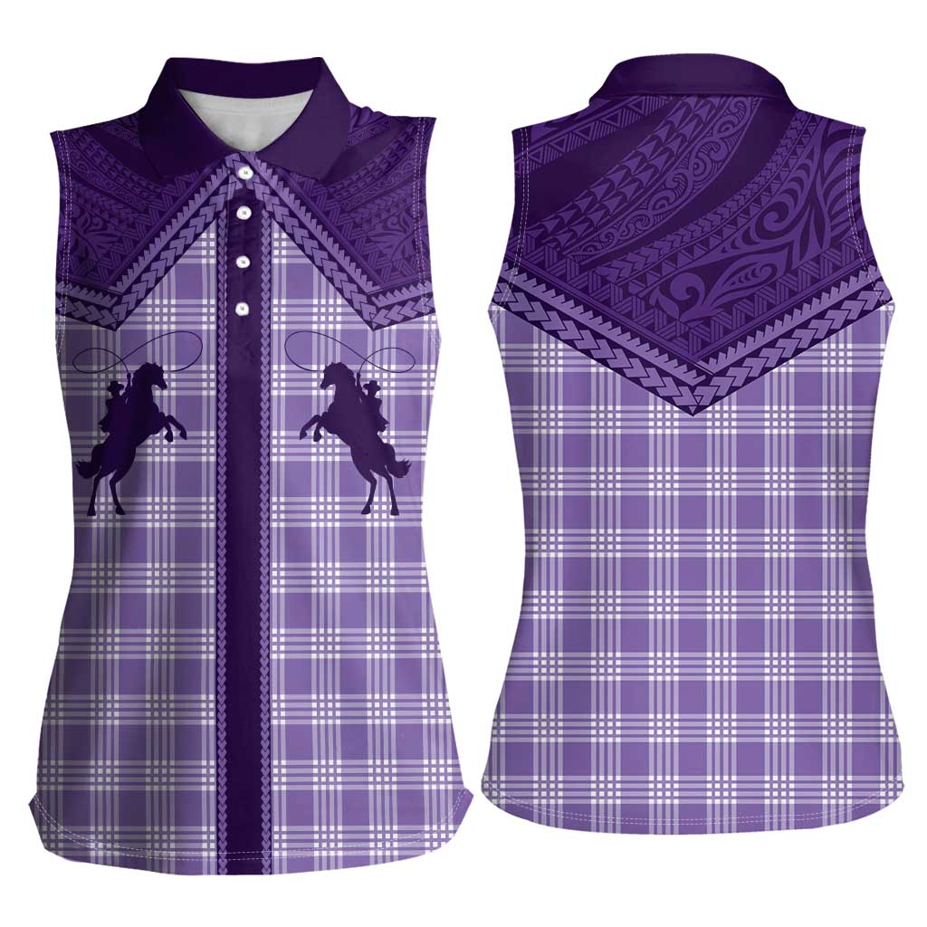 Aloha Hawaii Cowboys Paniolo Women Sleeveless Polo Shirt Violet Palaka - Polynesian Pride