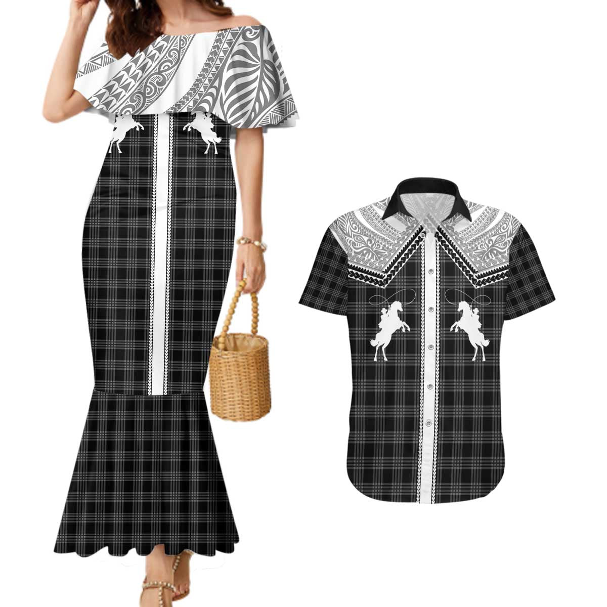 Aloha Hawaii Cowboys Paniolo Couples Matching Mermaid Dress and Hawaiian Shirt Black Palaka - Polynesian Pride