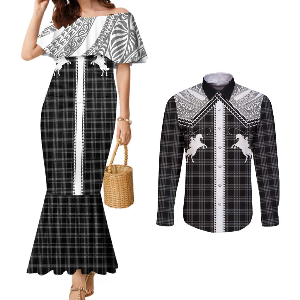Aloha Hawaii Cowboys Paniolo Couples Matching Mermaid Dress and Long Sleeve Button Shirt Black Palaka - Polynesian Pride