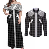 Aloha Hawaii Cowboys Paniolo Couples Matching Off Shoulder Maxi Dress and Long Sleeve Button Shirt Black Palaka - Polynesian Pride